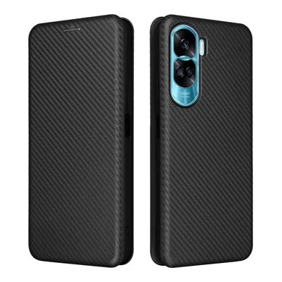 For Honor 90 Lite 5G / X50i 5G Carbon Fiber Texture Card Holder Case Leather Stand Phone Cover - Black