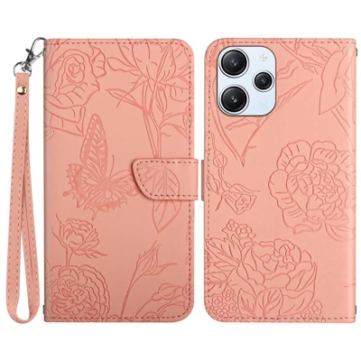 HT03 PU Leather Imprint Flip Cover for Xiaomi Redmi 12 5G (Global) / Poco M6 Pro 5G Wallet Stand Phone Case with Wrist Strap - Pink