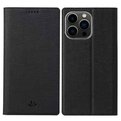 VILI DMX Series Card Holder Phone Case for iPhone 15 Pro Max , Stand Leather Phone Cover - Black
