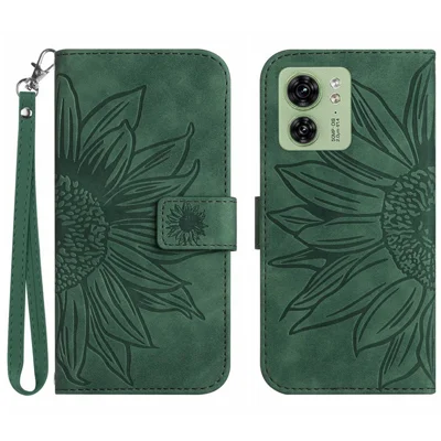 HT04 para Motorola Edge 40 5G Funda de Teléfono de Cartera de Cuero con Estampado de Girasol, Soporte y Correa de Mano - Verde Oscuro