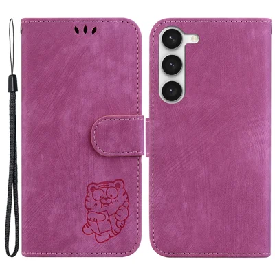 For Samsung Galaxy S23 PU Leather Wallet Stand Protection Cover Cute Tiger Imprint Phone Case - Rose