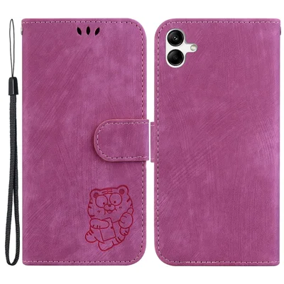 Für Samsung Galaxy A04e 4G / F04 4G / M04 4G Leder Geldbörse Stand Cover Cartoon Tiger Prägung Handyhülle - Rose