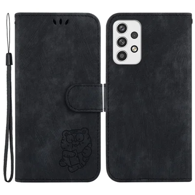 For Samsung Galaxy A23 5G (Global Version) / A23 4G Cartoon Tiger Imprint Phone Cover Leather Wallet Stand Shell - Black