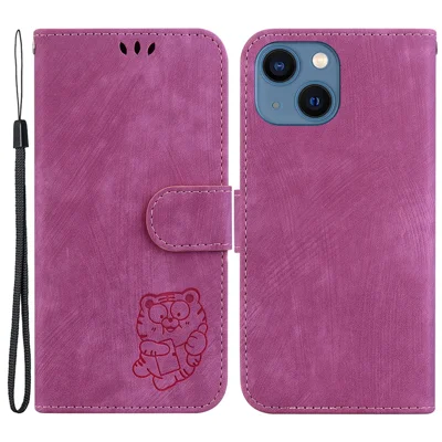 For iPhone 14 Plus Cute Tiger Imprint Anti-drop Phone Shell PU Leather Wallet Stand Case - Rose