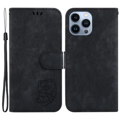 For iPhone 14 Pro Max Leather Wallet Stand Smartphone Shell Cartoon Tiger Imprint Cover - Black