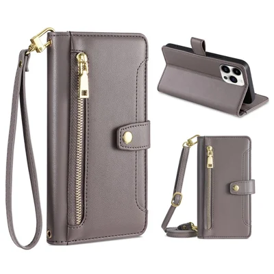For iPhone 15 Pro Zipper Credit Card Holder Case PU Leather Stand Wallet Phone Cover with Wrist Strap and Shoulder Strap - Grey
