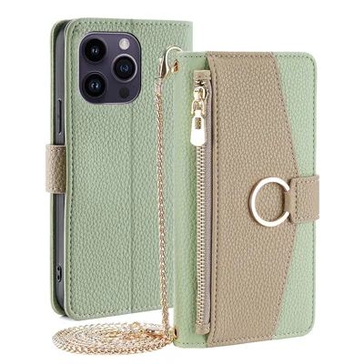 For iPhone 15 Pro PU Leather Ring Holder Phone Case Wallet Stand Full Protection Cover with Makeup Mirror / Shoulder Strap - Green