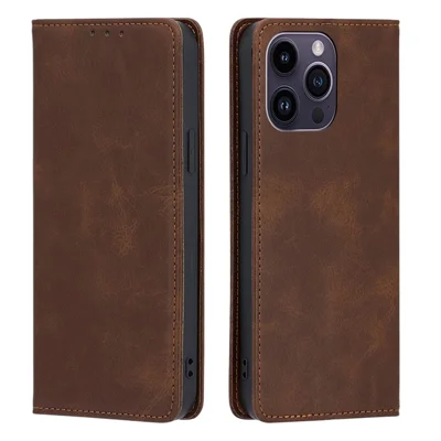 Leren hoesje voor iPhone 15 Pro Max met kalfsstructuur, portemonnee, standaard, valbeveiliging - Bruin
