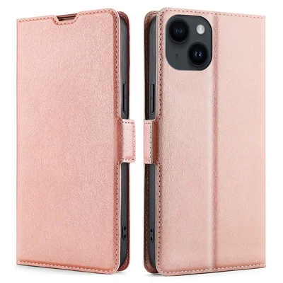 For iPhone 15 Plus TPU+PU Leather Shell Shockproof Card Slot Phone Case Phone Stand Cover - Rose Gold