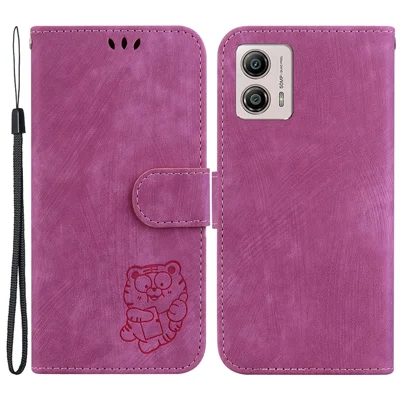 For Motorola Moto G13 4G / G23 4G / G53 5G Flip Cover Wallet Stand Lovely Tiger Imprint Leather Phone Case - Rose