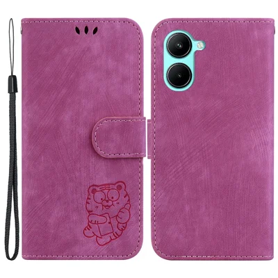 PU Leather Wallet Stand Cover for Realme C33 4G Lovely Tiger Imprint Anti-drop Phone Case - Rose