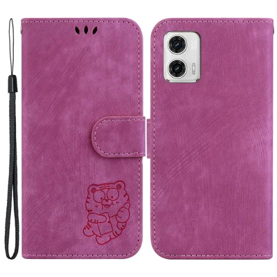 Leather Anti-drop Cover for Motorola Moto G73 5G , Cartoon Tiger Imprint Wallet Stand Phone Case - Rose