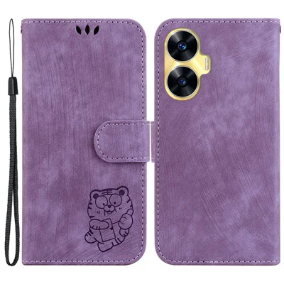 For Realme C55 Shock-absorbing Lovely Tiger Imprint Flip Cover Leather Wallet Stand Phone Case - Purple