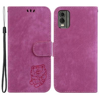 PU Leather+TPU Shell for Nokia C32 , Lovely Tiger Imprint Flip Cover Wallet Stand Phone Case - Rose