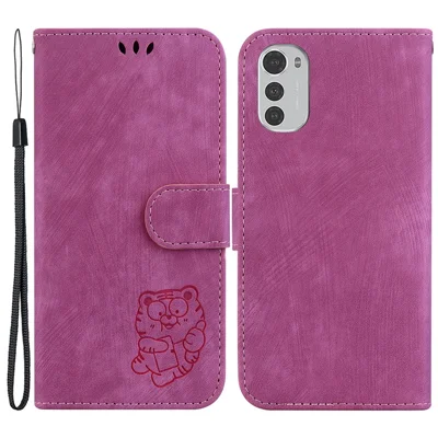 Flip Case for Motorola Moto E32 4G Foldable Stand Wallet Tiger Pattern Imprinted PU Leather Cellphone Cover - Rose