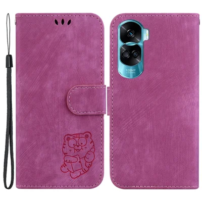 For Honor 90 Lite 5G Wallet Stand Phone Case Magnetic Clasp Lovely Tiger Imprint Leather Cover - Rose