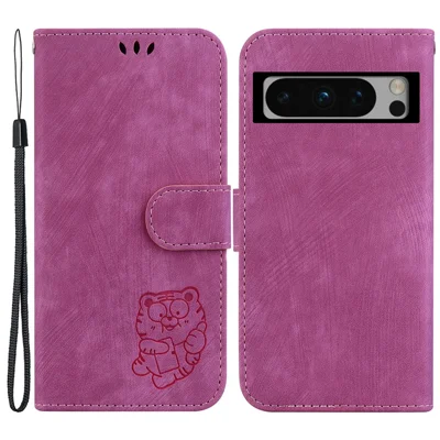 For Google Pixel 8 Pro Anti-Drop Phone Case Lovely Tiger Imprint Leather Wallet Cover - Rose