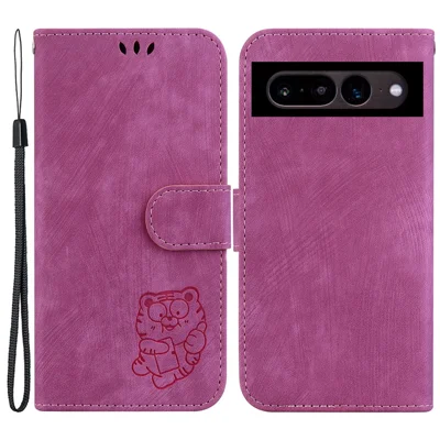 For Google Pixel 7 Pro 5G Anti-Scratch Wallet Phone Case Lovely Tiger Imprint Leather Folio Flip Cover - Rose