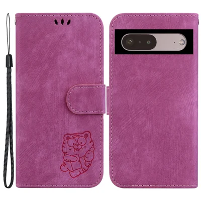 Wallet Shell for Google Pixel 7 5G , Tiger Pattern Imprinted PU Leather Phone Cover Flip Stand Case - Rose