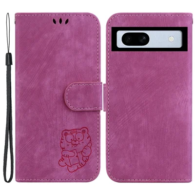 For Google Pixel 7a Wallet Case with Hand Strap Imprinted Tiger Pattern PU Leather Stand Phone Cover - Rose