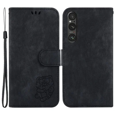 For Sony Xperia 1 V PU Leather Flip Phone Case Tiger Pattern Imprinted Stand Wallet Cover - Black