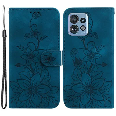 For Motorola Edge 40 Pro 5G / Moto X40 5G / Edge+ (2023) Lily Flower Imprint Cover PU Leather Wallet Stand Phone Case - Dark Blue
