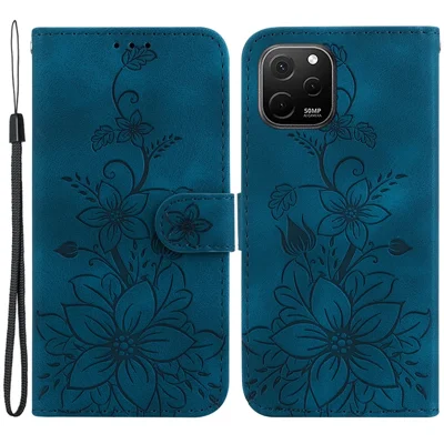 Aufgedruckter Lilien-Blumen-Brieftaschenkoffer für Huawei nova Y61 4G, PU-Leder-Ständer-Telefonabdeckung - Dunkelblau