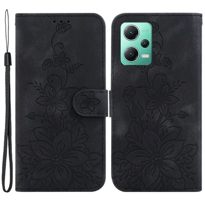 Funda de cuero para Xiaomi Redmi Note 12 5G (China) / (India) / (Global) / Poco X5 5G con Flor de Lis Estampada, Funda con Tapa de Cartera y Soporte - Negro