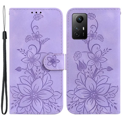 For Xiaomi Redmi Note 12S 4G PU Leather Wallet Phone Stand Case Imprinted Lily Flower Cover - Purple