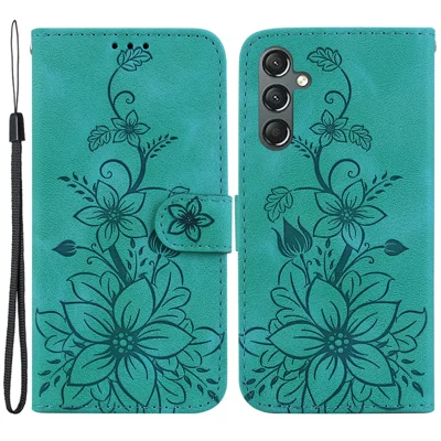 For Samsung Galaxy A24 4G (162.1 x 77.6 x 8.3mm) Imprinted Lily Flower Phone Shell PU Leather Wallet Case with Stand - Green