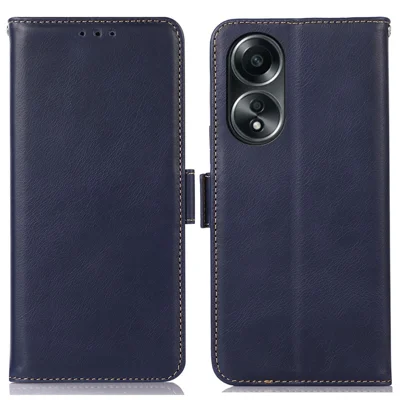 Étui de protection RFID pour téléphone Oppo A58 4G, Étui de téléphone en cuir véritable de vache avec support, bleu