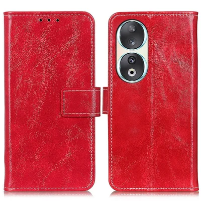 For Honor 90 Shockproof Case Crazy Horse Texture PU Leather Shell Stand Wallet Retro Phone Cover - Red