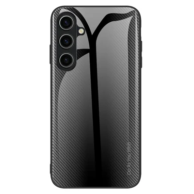 For Samsung Galaxy S23 FE Tempered Glass+Soft TPU Phone Case Carbon Fiber Texture Cell Phone Cover - Black