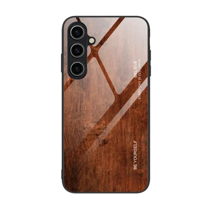For Samsung Galaxy S23 FE Wood Texture Protective Case Shockproof Tempered Glass TPU Frame Phone Cover - Coffee