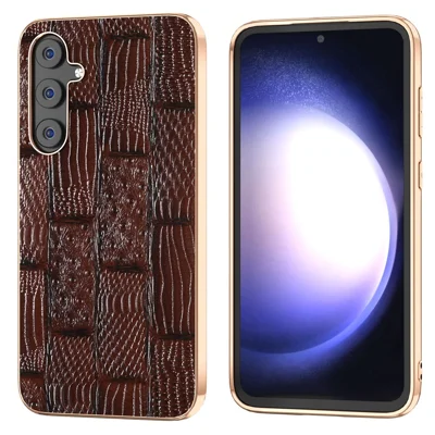 For Samsung Galaxy S23 FE Mahjong Texture Phone Case Genuine Cowhide Leather+PC+TPU Electroplating Cover - Brown