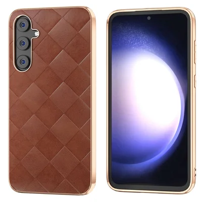 For Samsung Galaxy S23 FE Shockproof Grid Texture Phone Case Genuine Cowhide Leather+PC+TPU Electroplating Cover - Brown