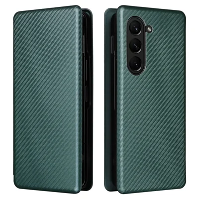 Voor Samsung Galaxy Z Fold5 5G Carbonvezelstructuur Hoesje met Kaarthouder Leren Stand Anti-val Telefoonhoes - Groen