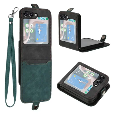 YX0020 For Samsung Galaxy Z Flip5 5G Folding Phone Case Card Holder PU Leather+PC Cover - Blackish Green