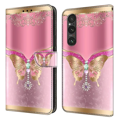 For Sony Xperia 1 V Wallet PU Leather Protective Case 3D Pattern Printing Stand Phone Cover - Pink / Gold Butterfly