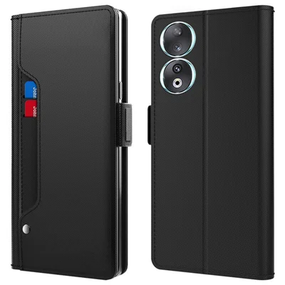 Stand Shell for Honor 90 Drop Resistant Leather Cover Phone Case with Card Slot and Mirror - Black
