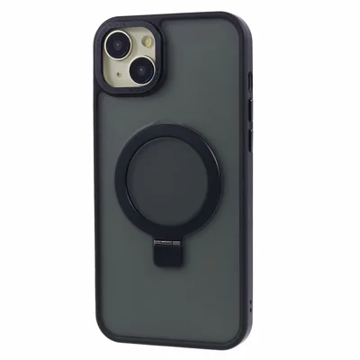 Étui de protection pour téléphone Skin-touch pour iPhone 15, conception avec support en TPU+PC+Aimant+Métal compatible avec MagSafe - Noir