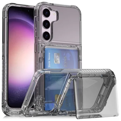 Pour Samsung Galaxy S23+ Coque de téléphone portable en PC transparent + TPU, étui anti-poussière avec support et porte-cartes - Noir transparent
