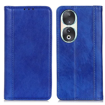 For Honor 90 Phone Case Shell Litchi Texture Split Leather Flip Wallet Stand Cover - Blue