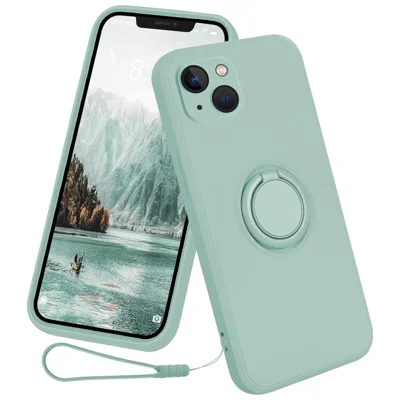 For iPhone 15 Plus Liquid Silicone Back Cover Ring Kickstand Phone Case with Wrist Rope - Cyan