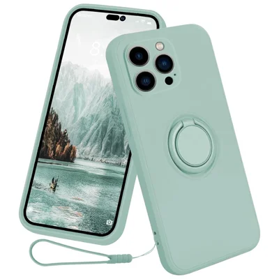 For iPhone 15 Pro Ring Kickstand Case Liquid Silicone Anti-scratch Phone Cover with Wrist Rope - Cyan