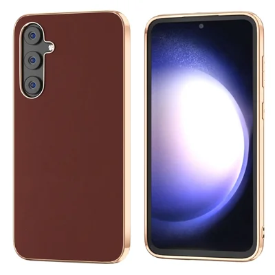 For Samsung Galaxy S23 FE Nano Electroplating Phone Case Silky Cowhide Leather Coated TPU+PC Cover - Coffee