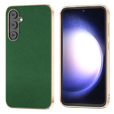 For Samsung Galaxy S23 FE Litchi Texture Phone Case Nano Electroplating Cowhide Leather Coated TPU+PC Cover - Green