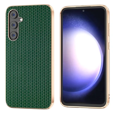 For Samsung Galaxy S23 FE Nano Electroplating Phone Case Textured Cowhide Leather Coated TPU+PC Cover - Green