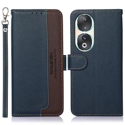 KHAZNEH For Honor 90 Phone Shell Litchi Texture Wallet Stand RFID Blocking Anti-Scratch PU Leather Case - Blue
