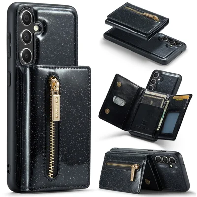 DG.MING M3 Series For Samsung Galaxy S23 FE Kickstand Phone Case Glittery Leather Coated PC+TPU Cover with Detachable Wallet - Black